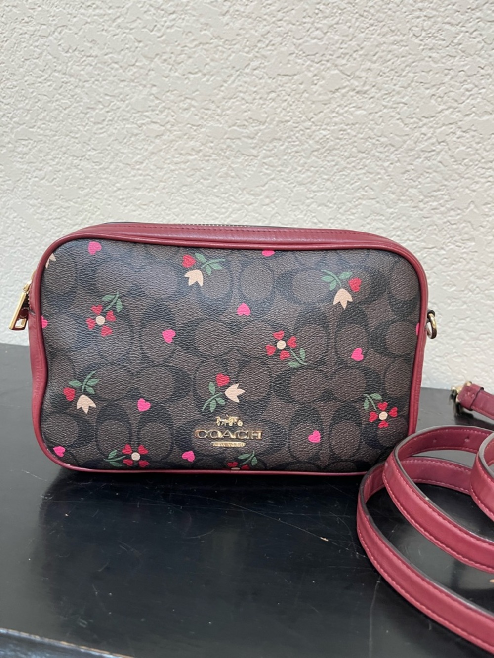 Coach Jes Heart Flowers Brown Signature Crossbody with Red Trim